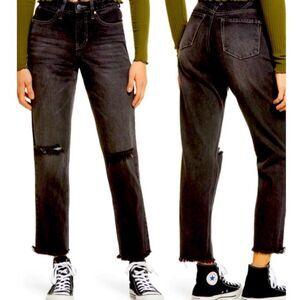 New~Nordstrom BP Mom Jeans High Rise Black Distressed Knees Frayed Hem Size 29